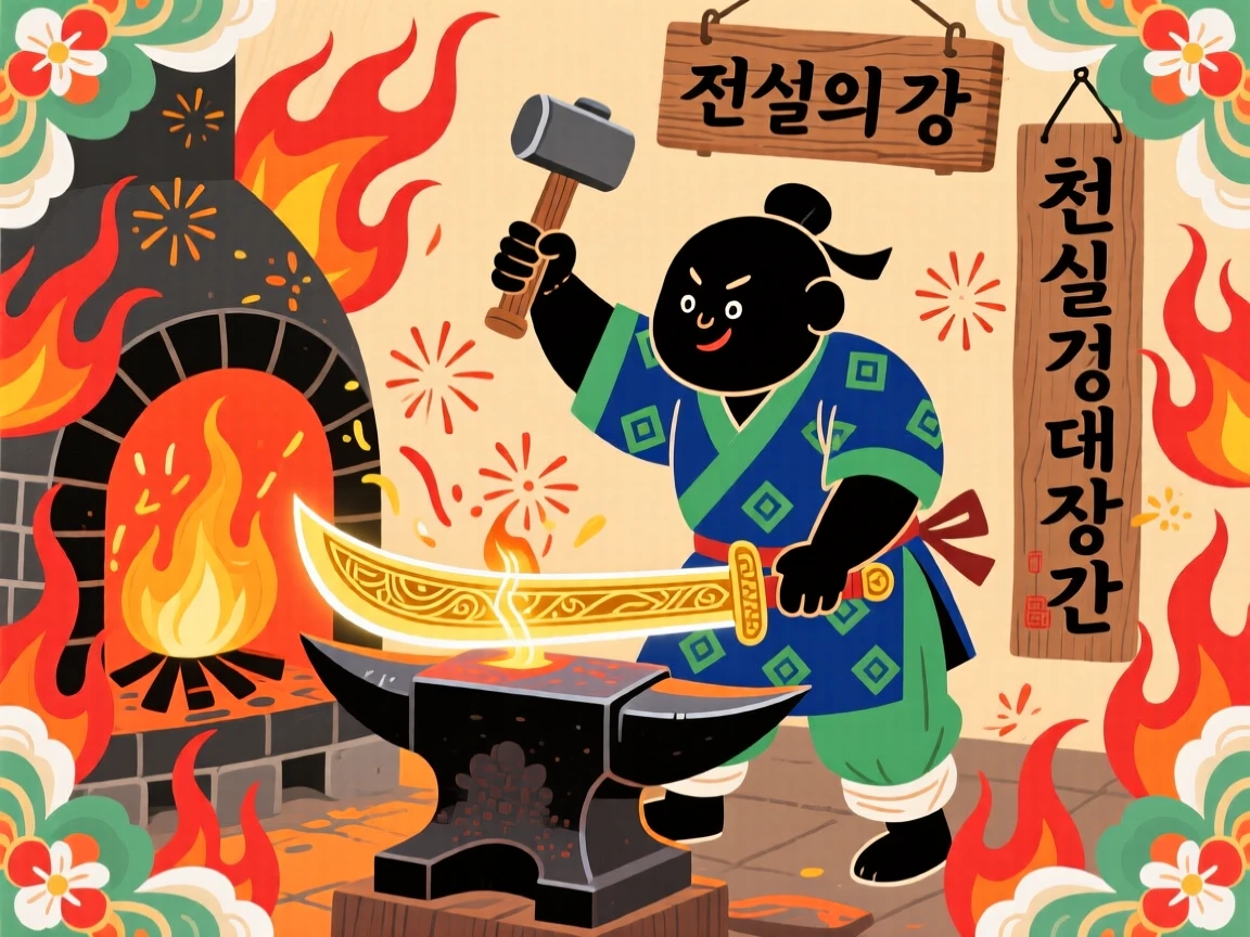 A blacksmith forging a legendary sword beneath sparks and firelight.