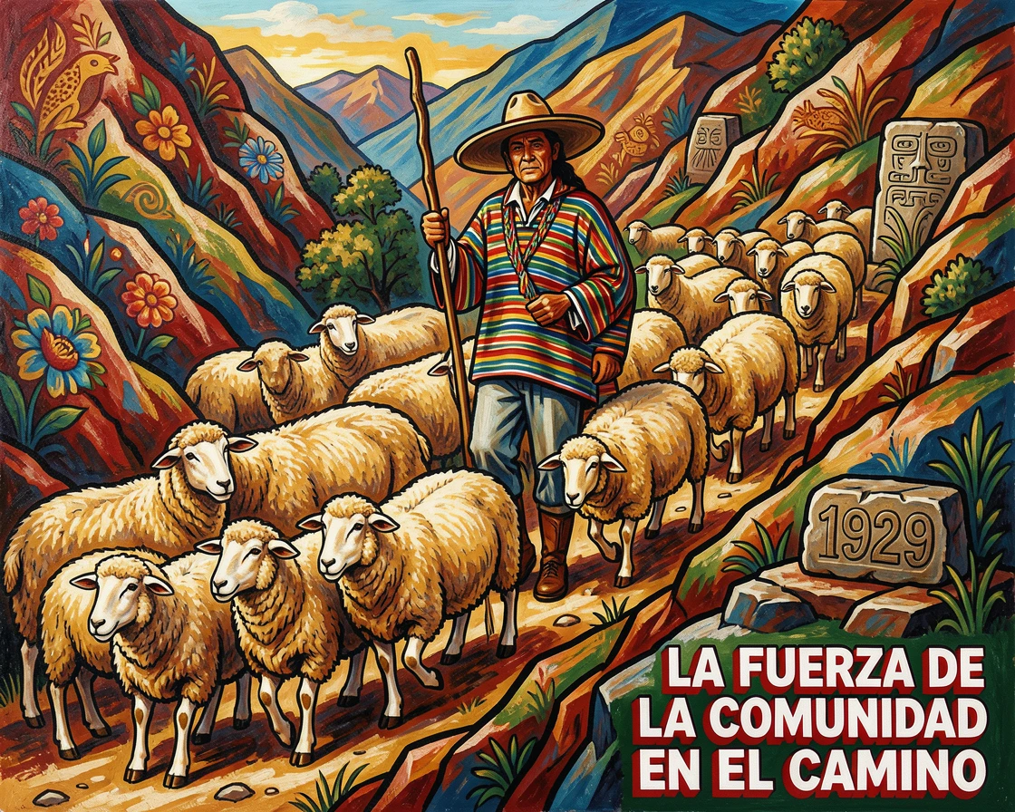 A herd of sheep being led down a mountain trail