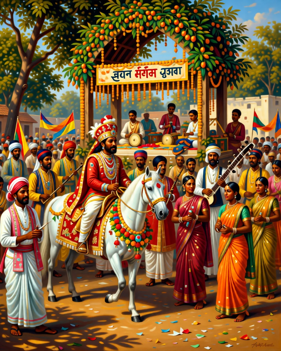 An Indian wedding procession with vibrant colors, music, and dancing, capturing the customs and craftsmanship unique to the era, celebrating the rich diversity of world cultures and traditions