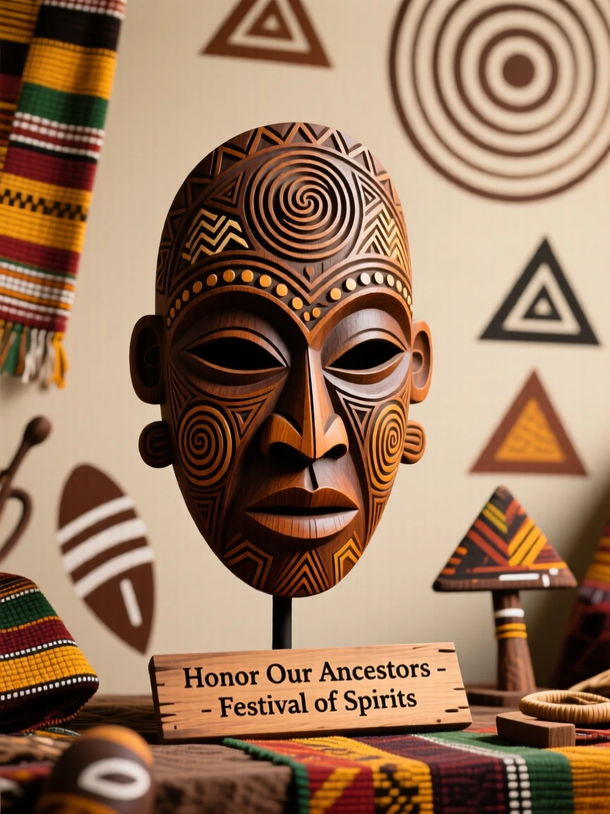 A carved ancestral mask laid out for inspection before a festival.