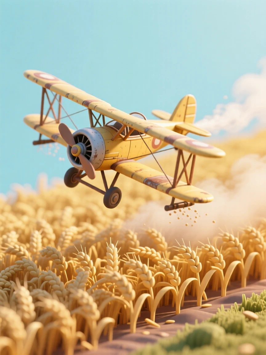 A vintage biplane crop duster sweeping low over a golden wheat field, leaving a fine mist trailing behind in the morning light.