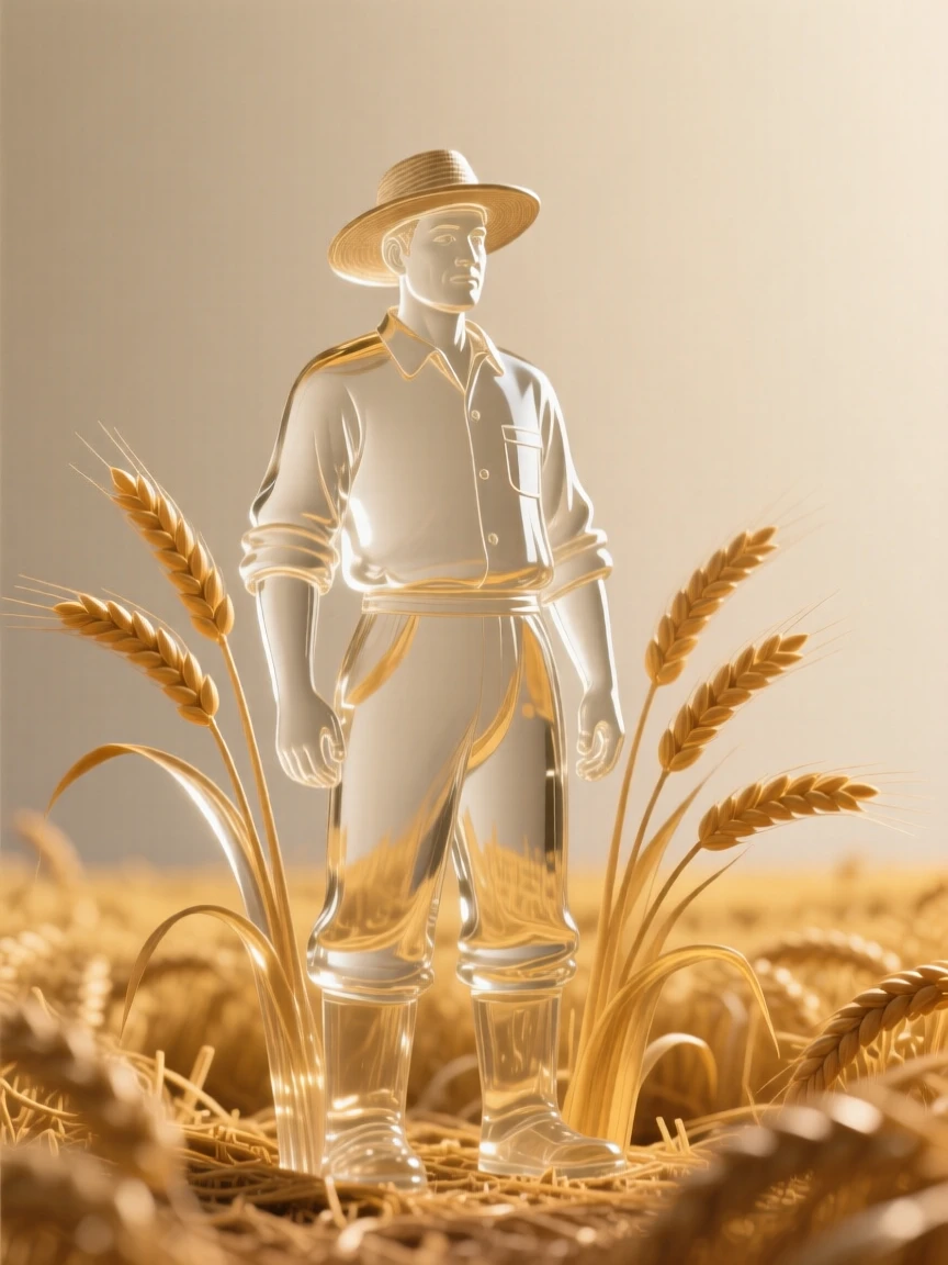 A farmer standing proudly in a golden field at harvest framed in a close, intimate composition, soft rim light outlining the silhouette, evoking warmth and connection.