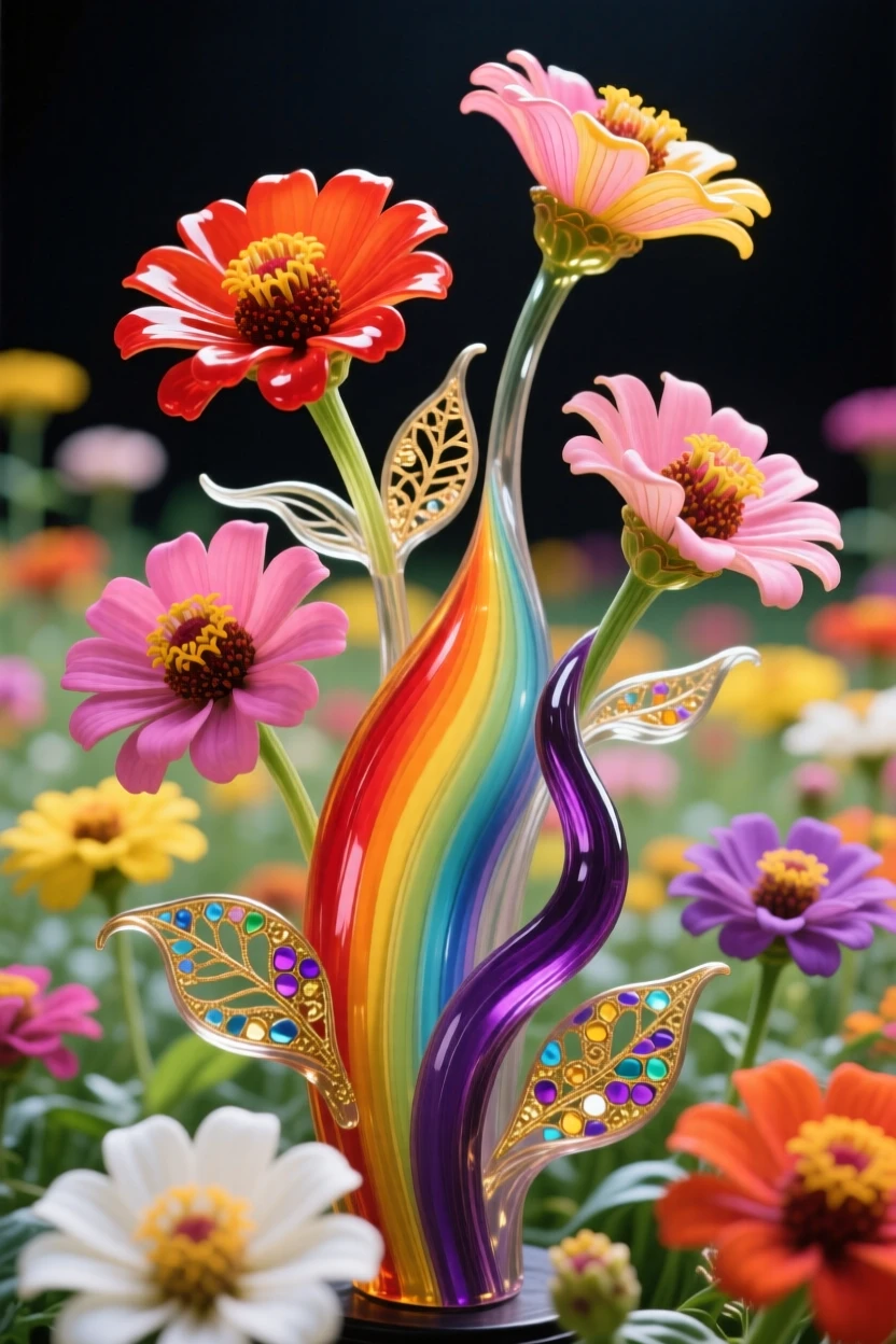 A field of blooming zinnias in a rainbow of colors, cheerful and vibrant.