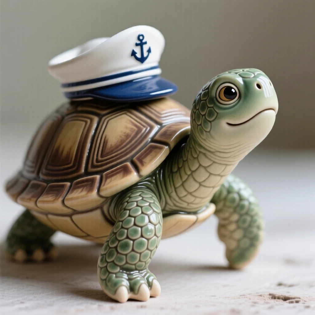A turtle wearing a tiny sailor's cap captured in a charming, storybook moment, with tiny expressive details bringing the scene to life, stirring nostalgic delight and warm laughter.