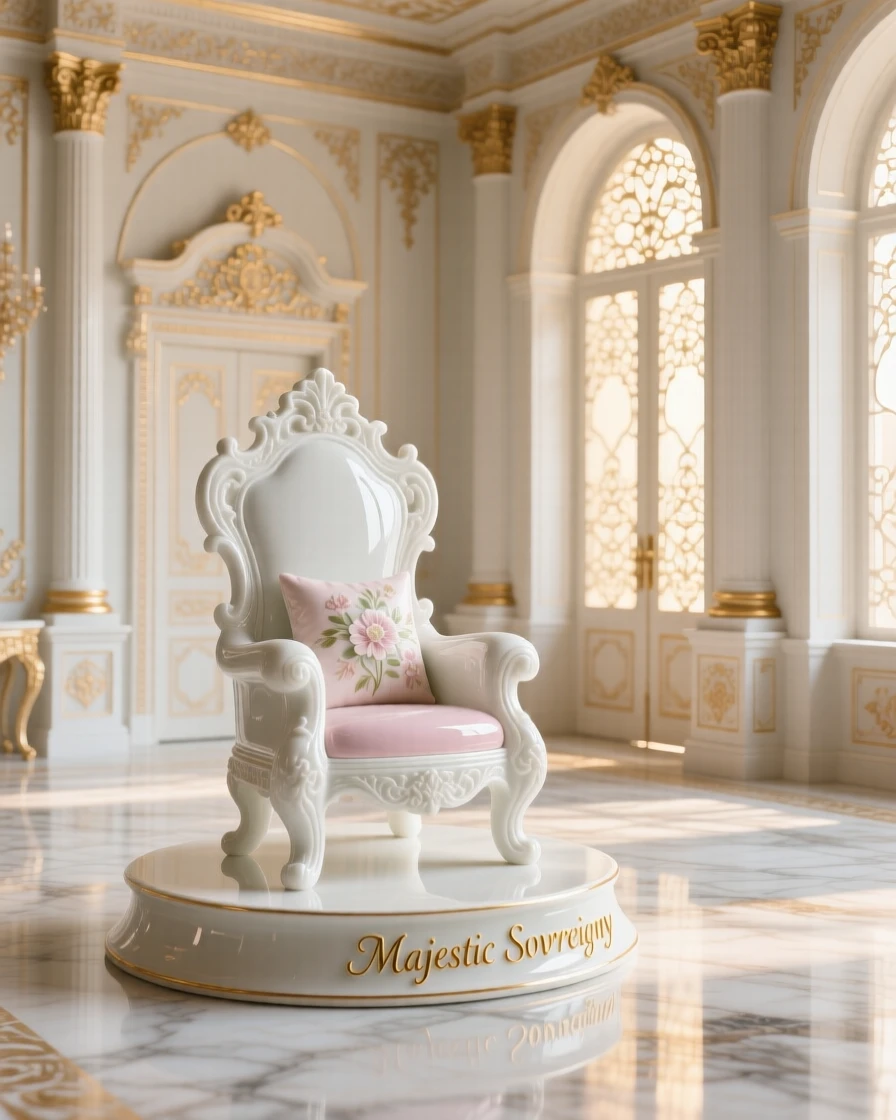 The ornate interior of an opulent throne room, polished floors reflecting golden light.
