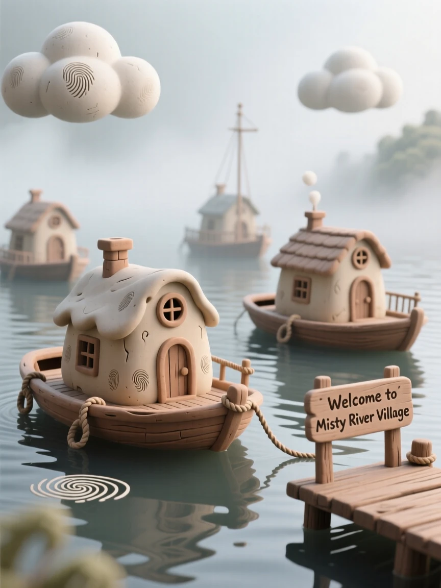 A floating houseboat village on a calm misty river