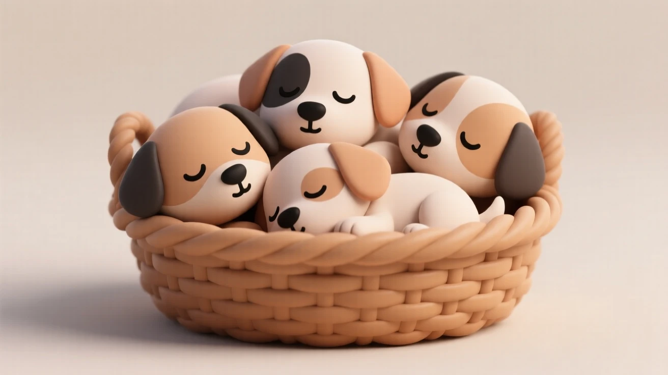 A litter of puppies piles together in a sleepy heap inside a cozy wicker basket.