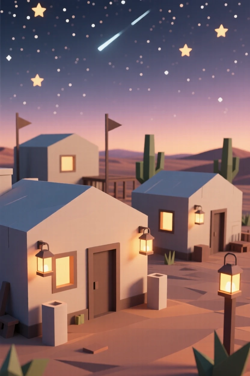 A remote desert outpost beneath a star-filled sky, as lantern light flickers to life at dusk. warm window lights add a cozy glow to the scene. The scene feels timeless and charming.