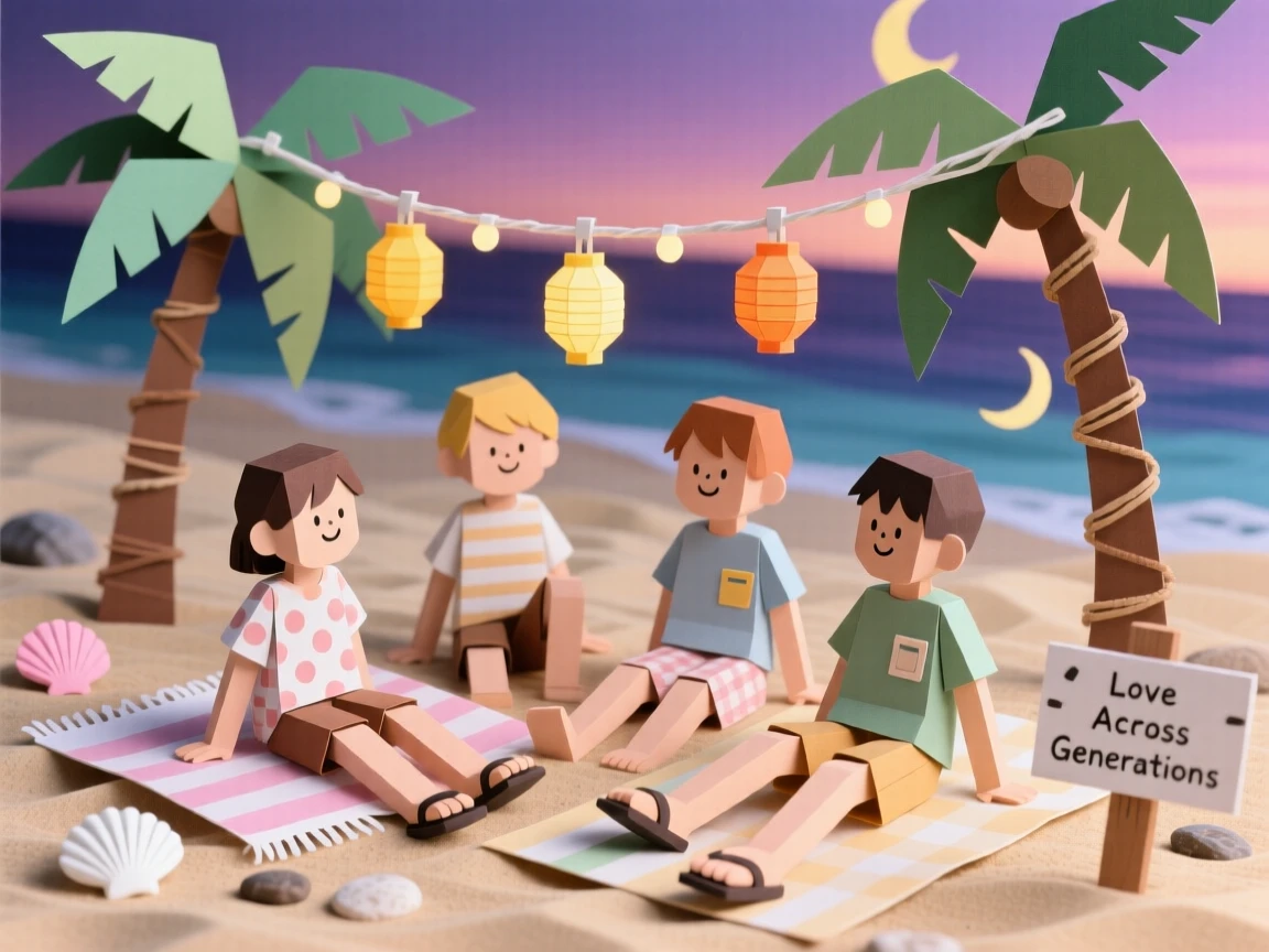 A group of childhood friends relaxing on a sandy beach at dusk, with string lights twinkling overhead, evoking love across generations.