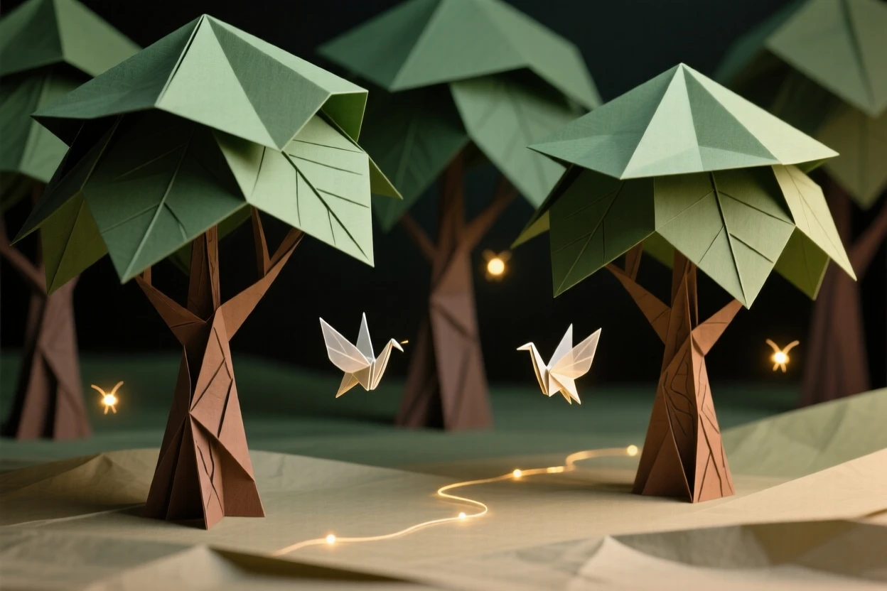 A hidden grove where trees whisper secrets carried on glowing fireflies.