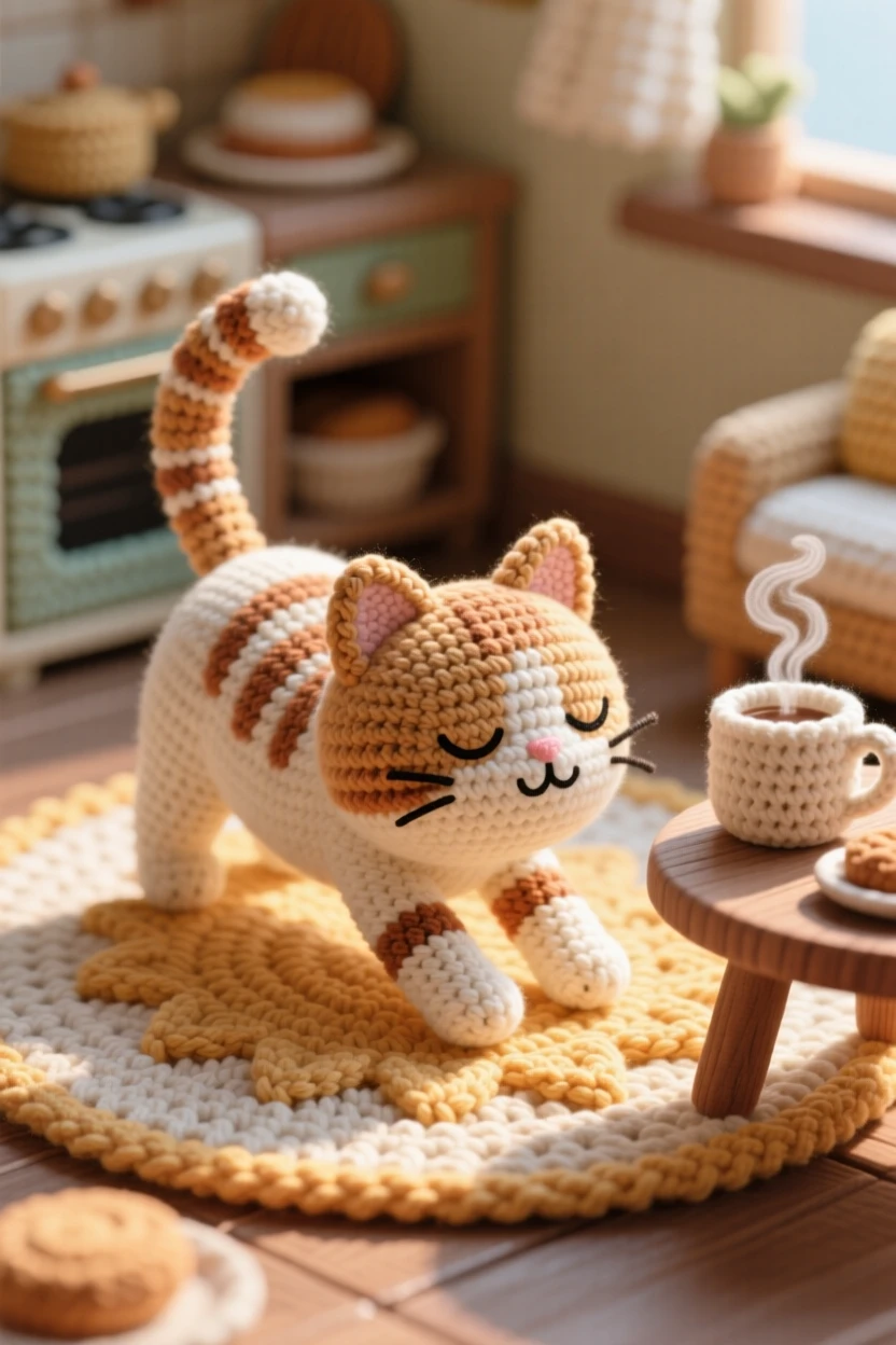 a content cat stretching on a sunlit rug, with back arched and tail high, waking slowly from a peaceful nap, in a quiet kitchen filled with the smell of baking, with a steaming mug resting on a small table nearby, radiating warm familial love and simple comfort.