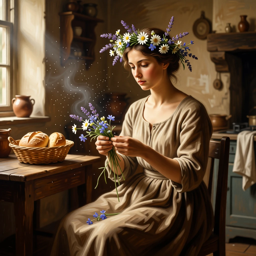 A shepherdess weaving a crown of wildflowers holding perfectly still in contemplative silence, set in a modest cottage kitchen filled with the smell of bread, with dust motes drifting visibly in a beam of window light; soft background blur isolates the sitter as the clear focal point, capturing grace under the weight of everyday devotion.