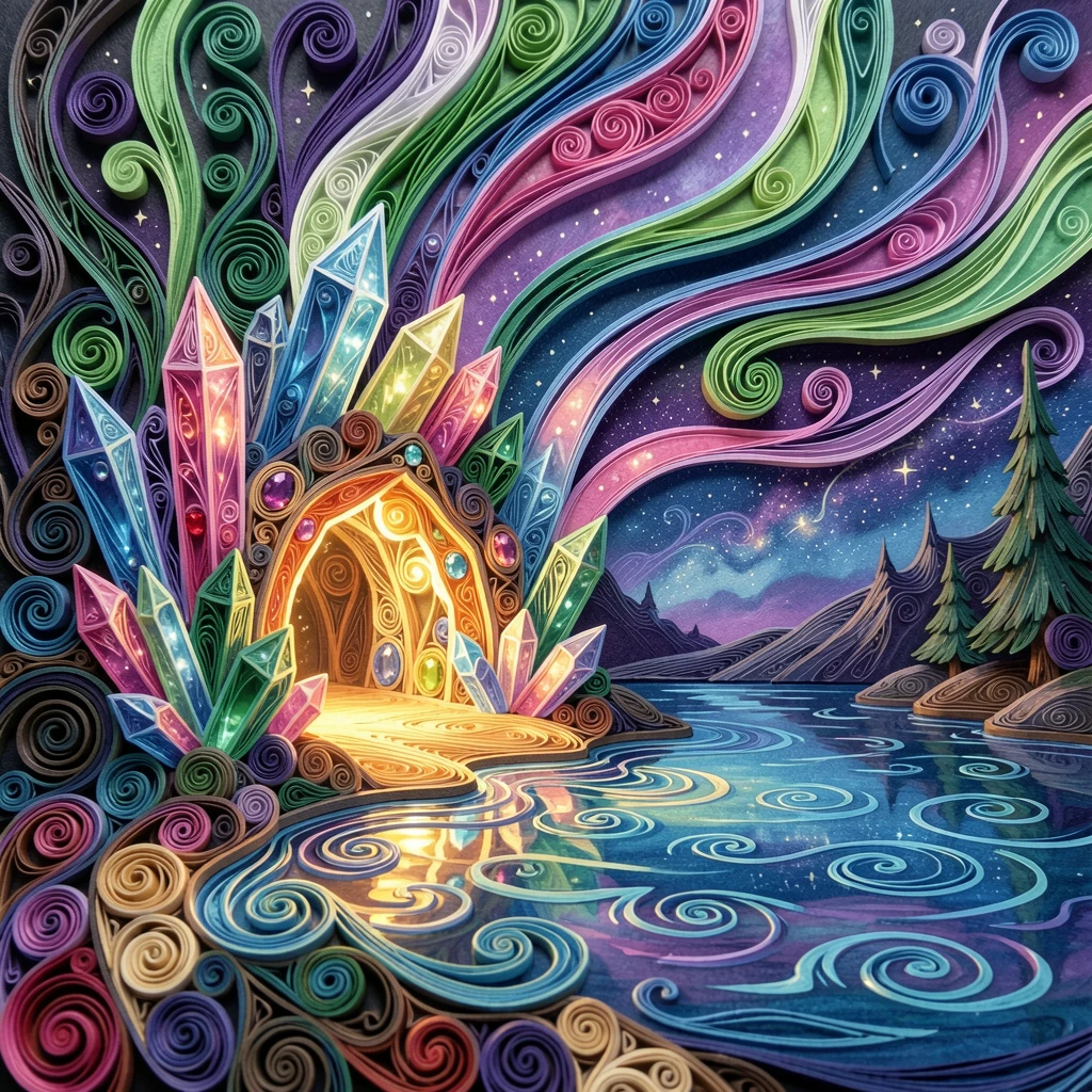A magical fantasy scene of a glowing crystal cave filled with sparkling gems on the shore of a starlit magical lake, under a sky painted in shifting aurora colors, captured in an intimate close-up glowing softly.