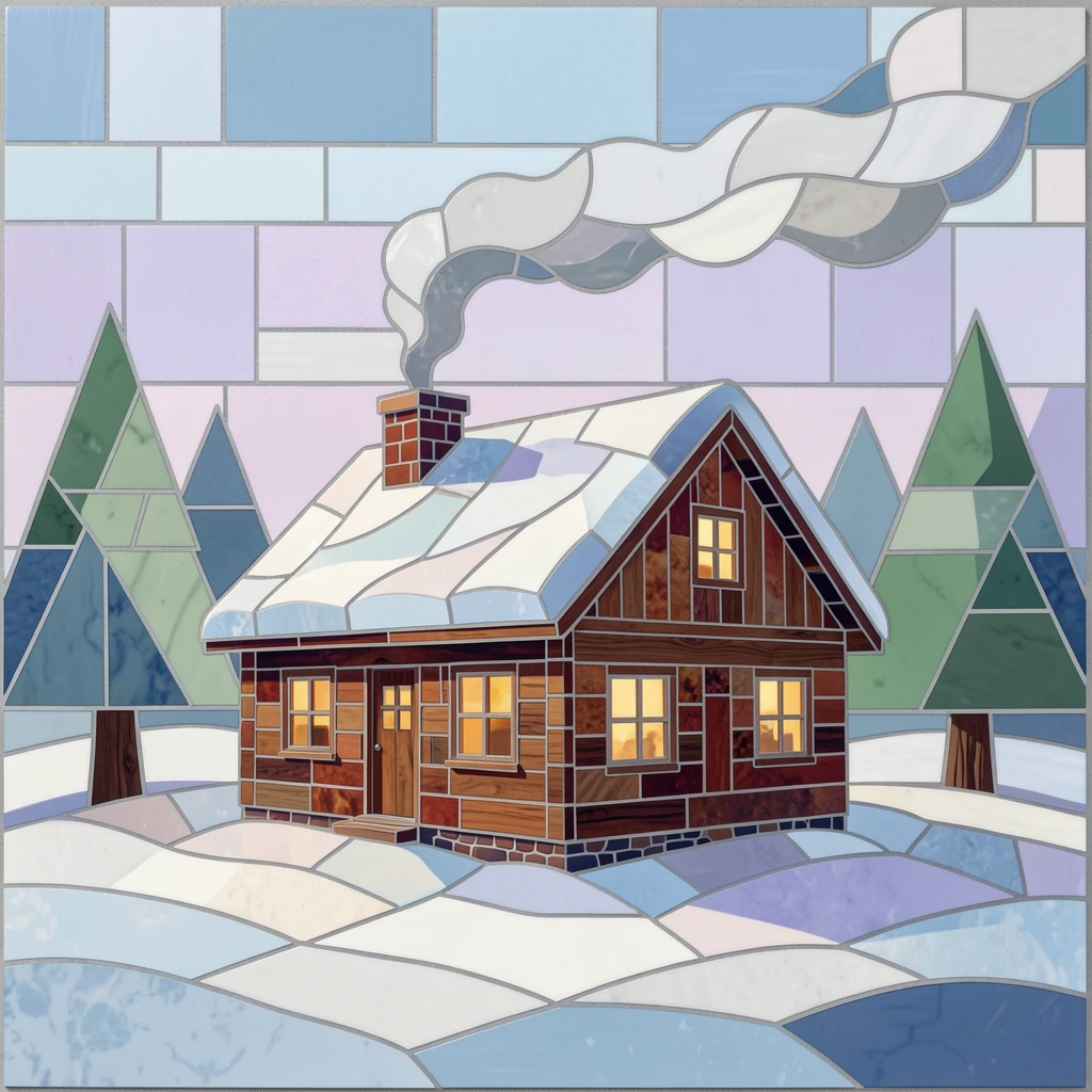 A charming, nostalgic scene of a cozy winter cabin with smoke rising gently from its chimney, evoking calm and comfort.