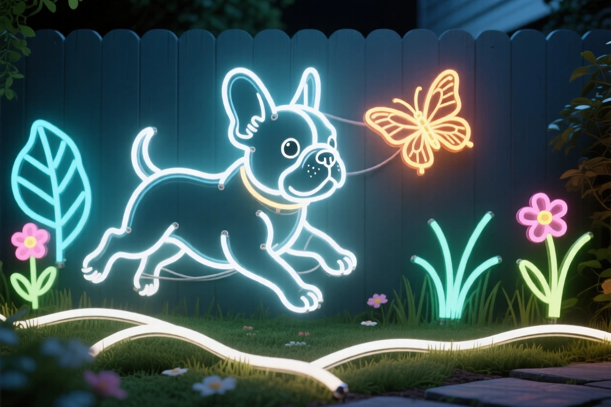 a French bulldog puppy chasing a butterfly in a quiet backyard garden.