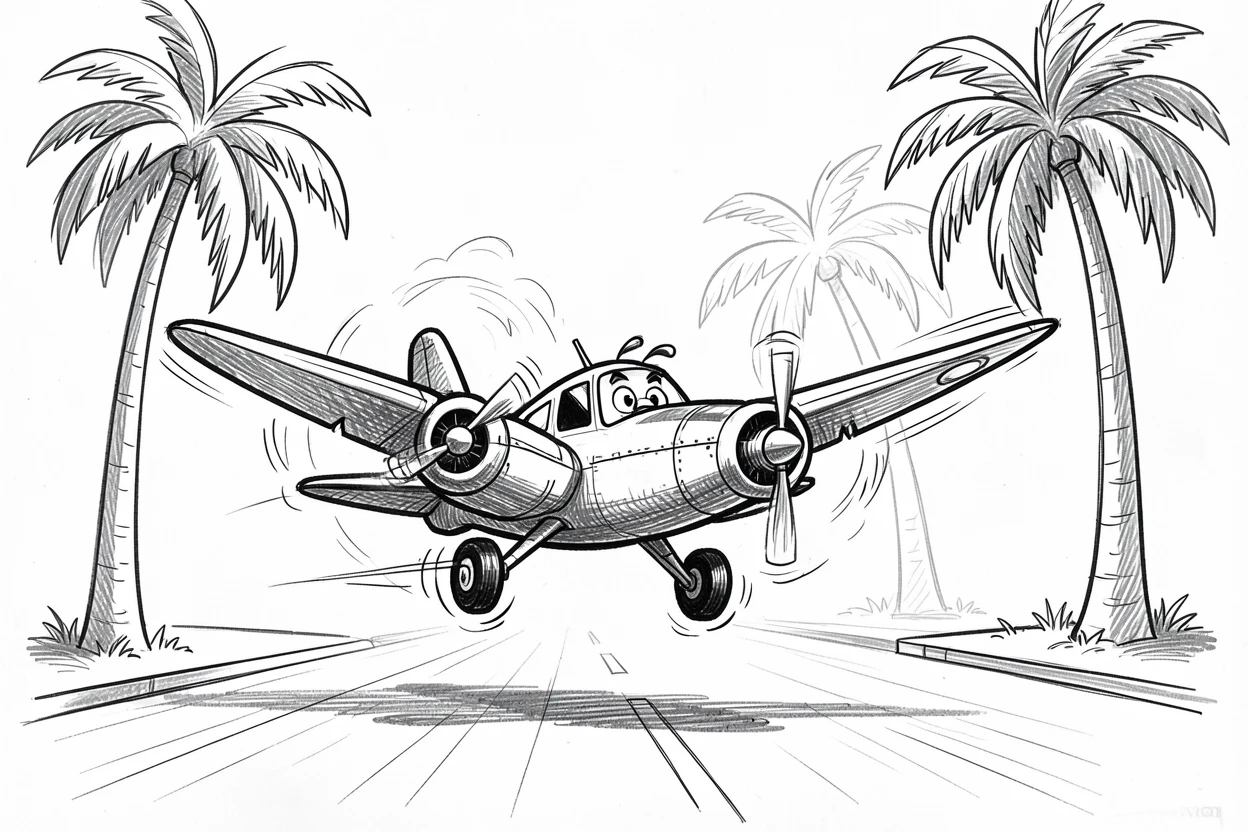 A small propeller airplane cruising along a palm-lined boulevard.