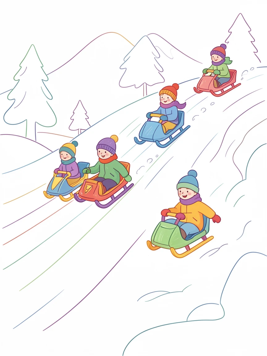 A winter sledding hill with children racing down on colorful sleds.