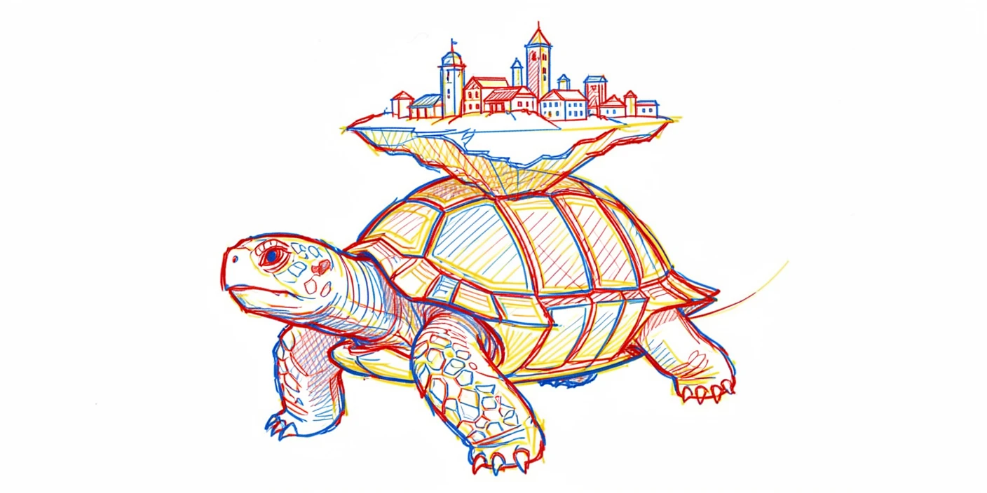 A colossal turtle carrying an entire floating island city on its back
