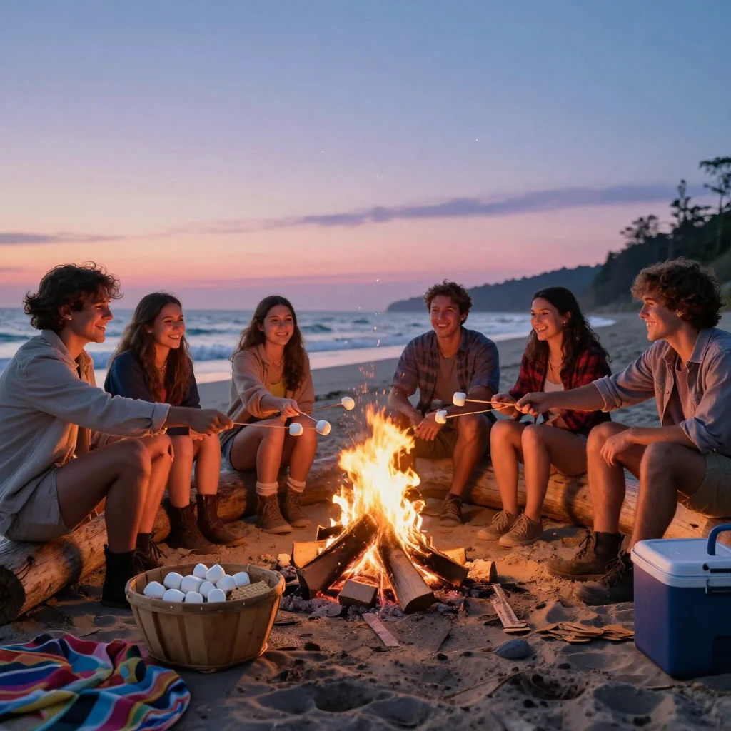 Friends toasting marshmallows around a beach bonfire