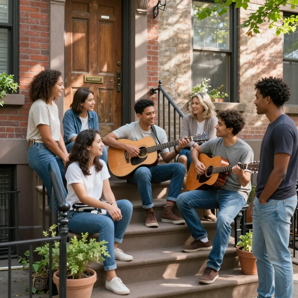 A group of neighbors gathers on a stoop passing a guitar around, taking turns singing a verse each.