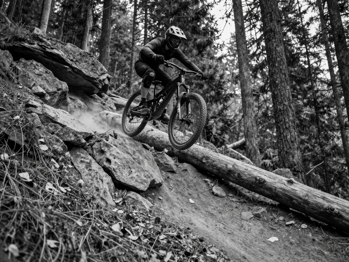 A mountain biker jumps a fallen log on a forest trail down a rocky mountainside track.