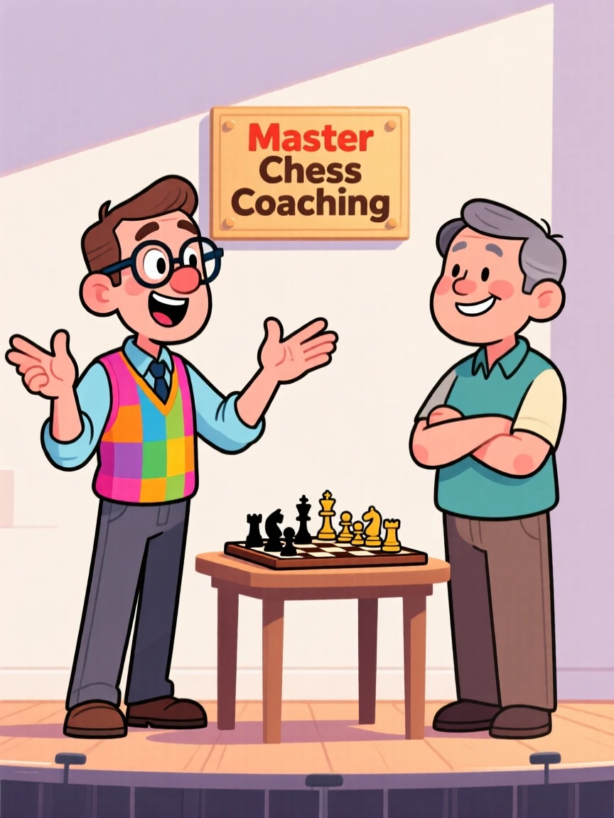 A vibrant profession-themed portrait of a focused chess coach explaining something enthusiastically with wide gestures, with a satisfied customer nearby.