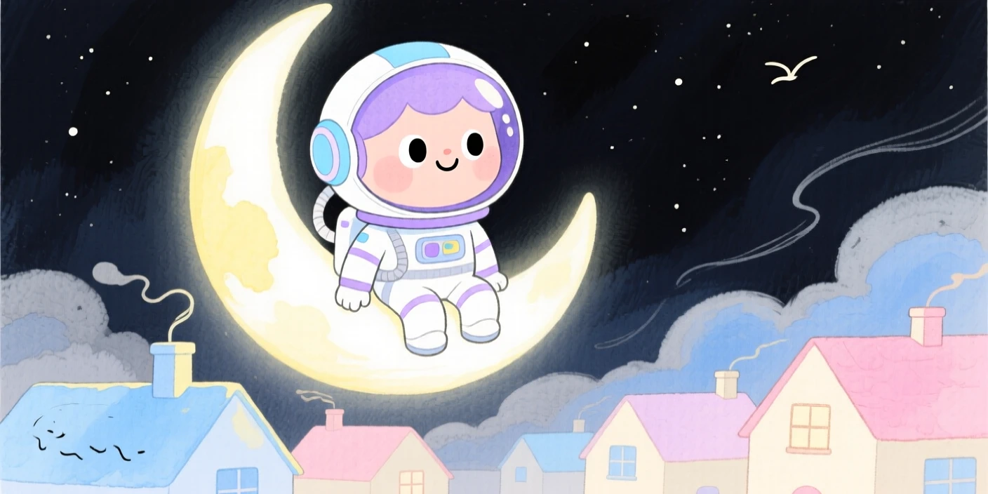 A space explorer perched on a crescent moon overlooking a sleeping village
