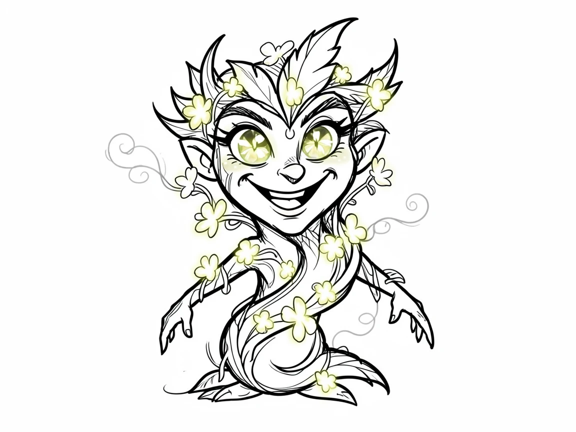 [Fantasy & Imaginative Scenarios] Imaginative fantasy scene of a mystical forest guardian made of vines and glowing flowers, brimming with wonder