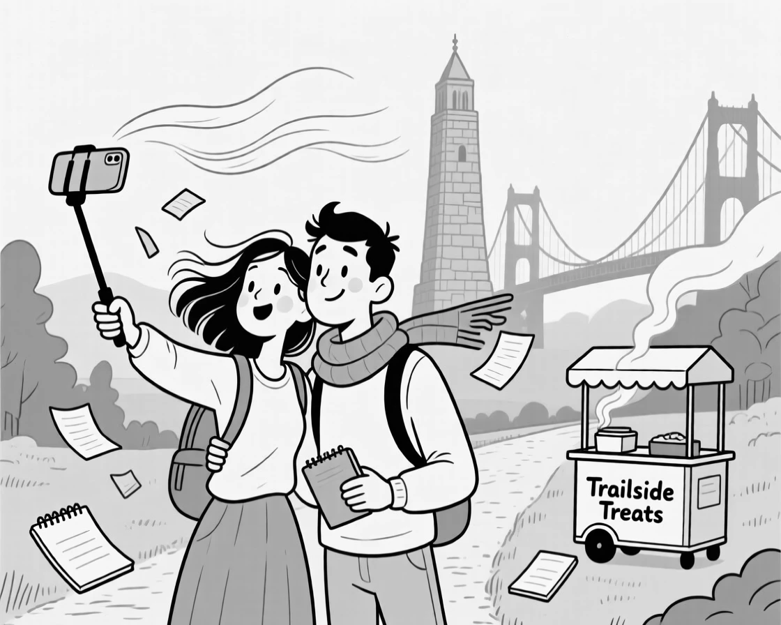 A couple posing for a wobbly selfie at a famous landmark, fighting a losing battle against the wind and paper, set at the start of a forested hiking trail. Steam rises from a nearby food cart. There's a light, adventurous spirit running through the moment.