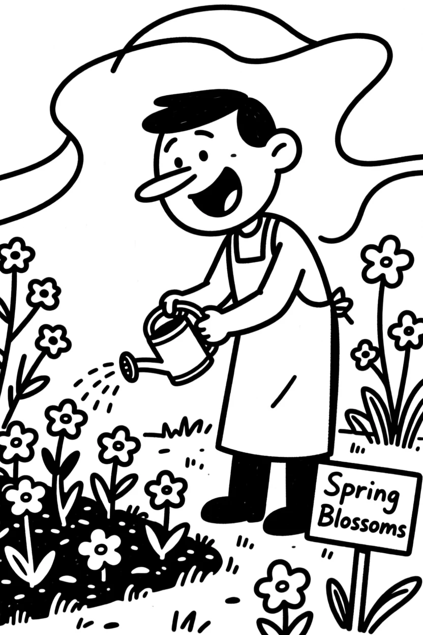 A spring garden bursting into bloom as a gardener waters the first flowers.