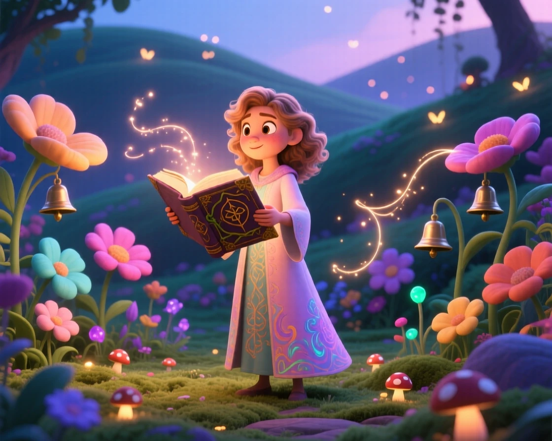 A young sorceress stands in a garden where flowers chime like bells, reading from an ancient glowing book. A quiet magic hums softly throughout the scene, with soft glowing light illuminating every surface.