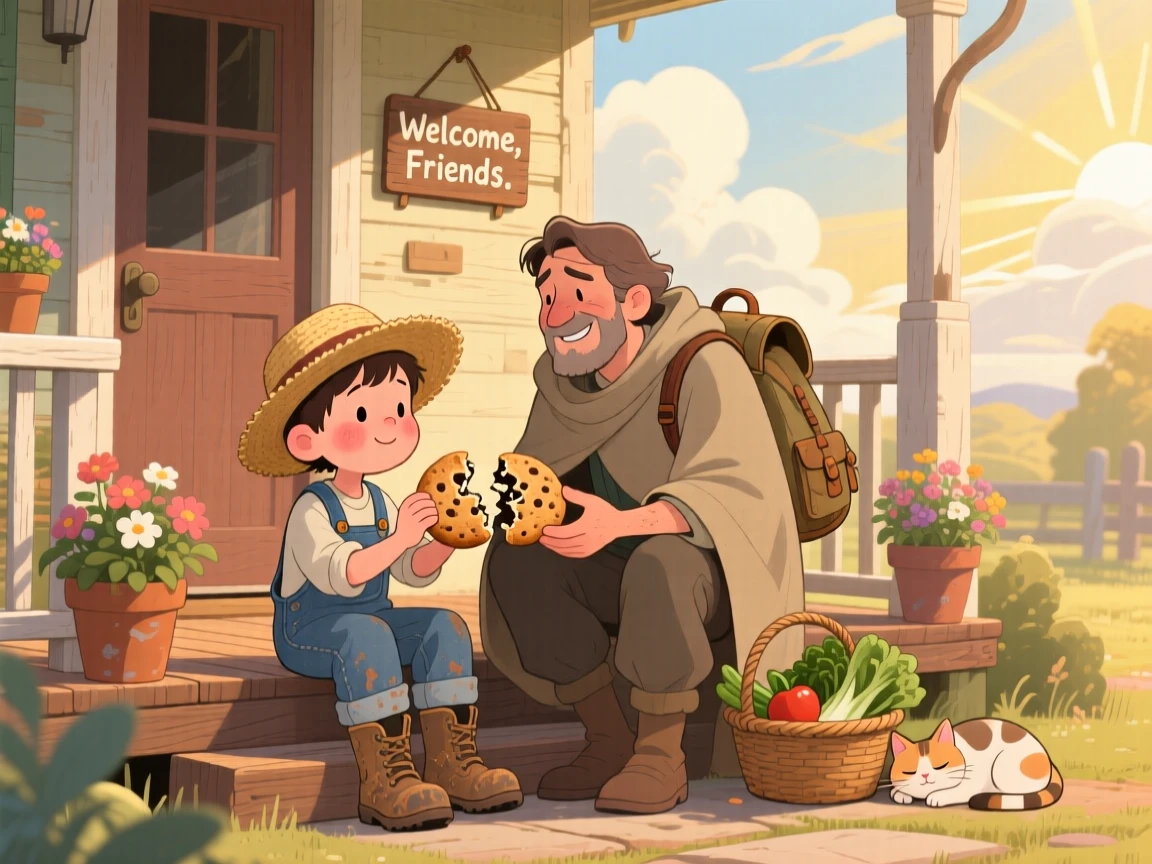 A young farmer and a tired traveler share a tender moment sharing the last cookie between two friends in a cozy front porch, while the sun breaks through the clouds.