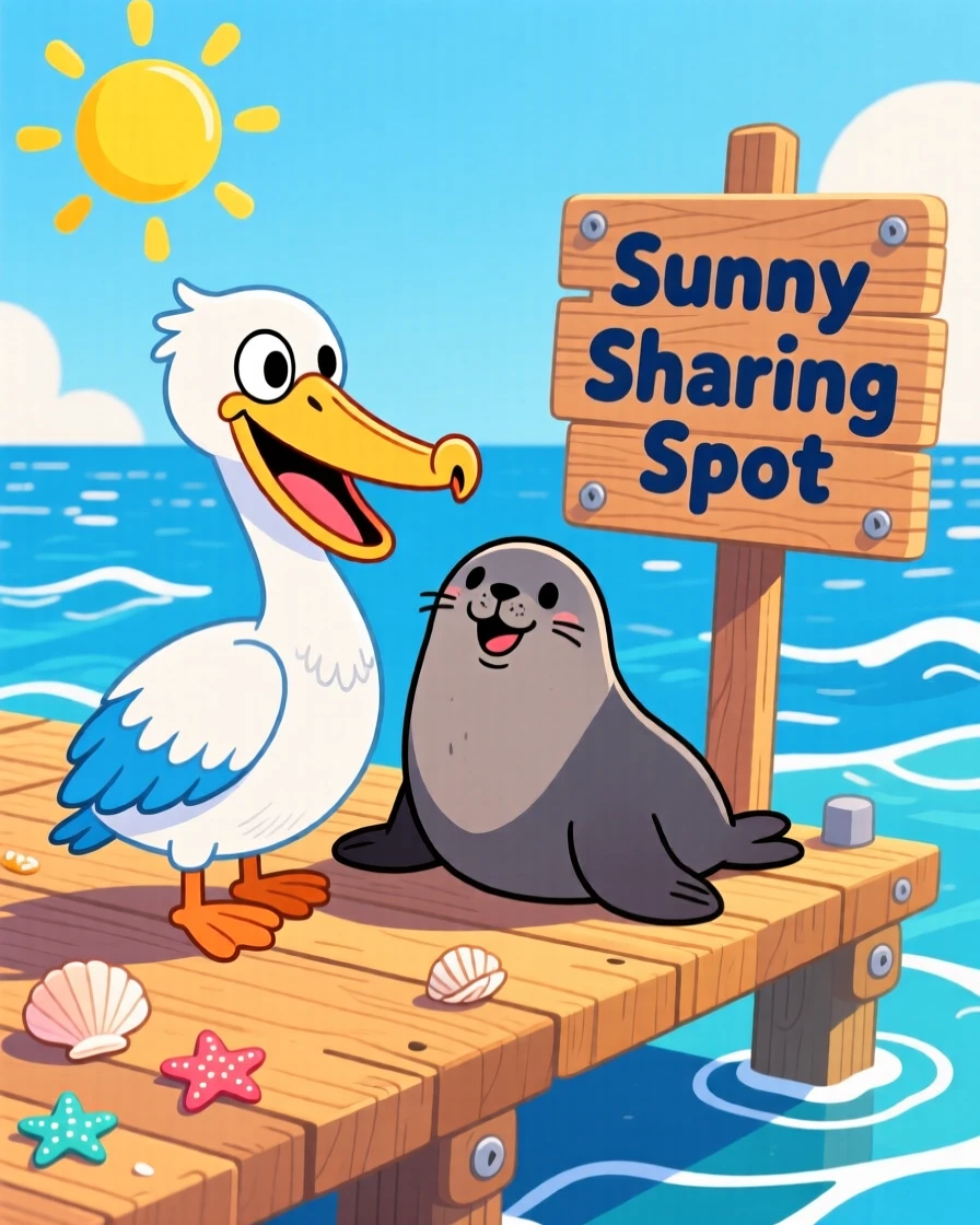 A pelican and a seal sharing a sunny spot on a dock.