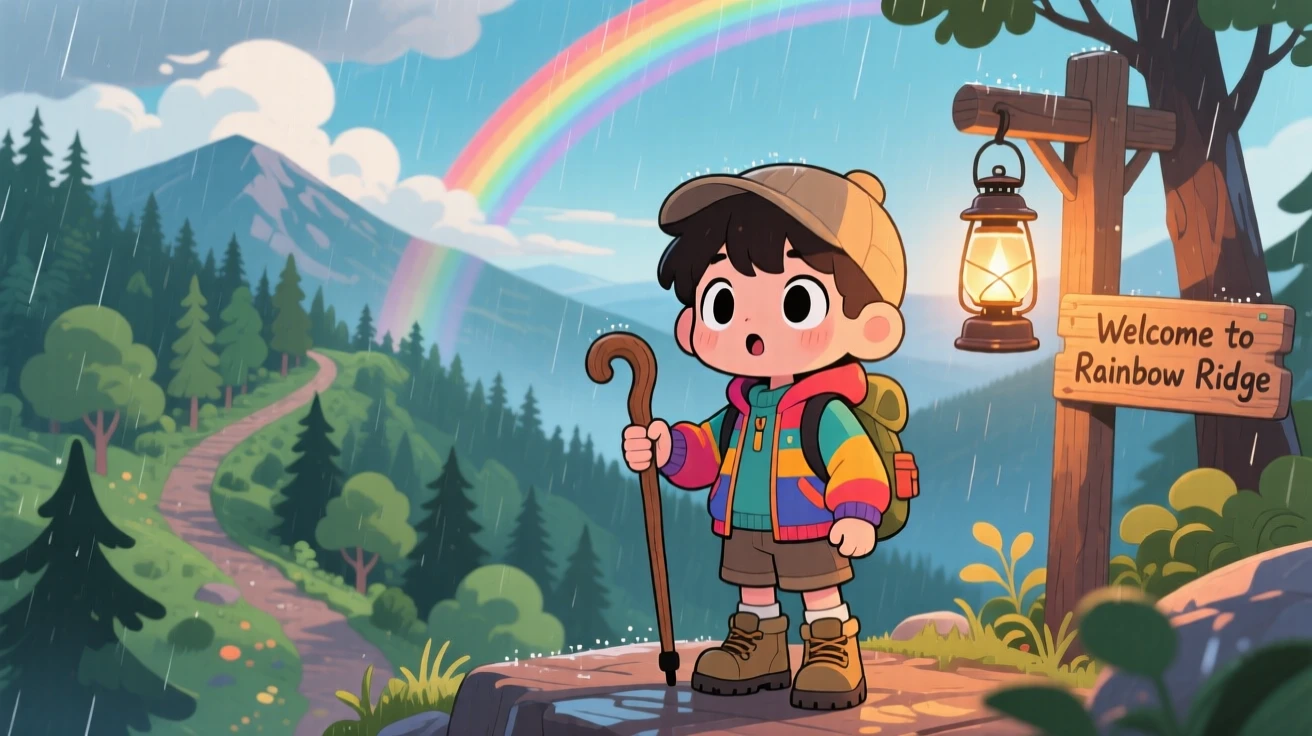 Silhouette composition: a young hiker, reaching a scenic overlook with a walking stick, set against a forested mountain trail under a rainbow after the rain, with warm lamplight and a mood of gentle surprise.