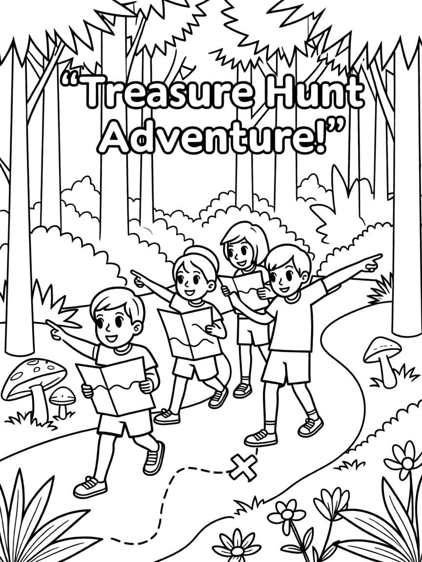 A group of children following a treasure map through the woods
