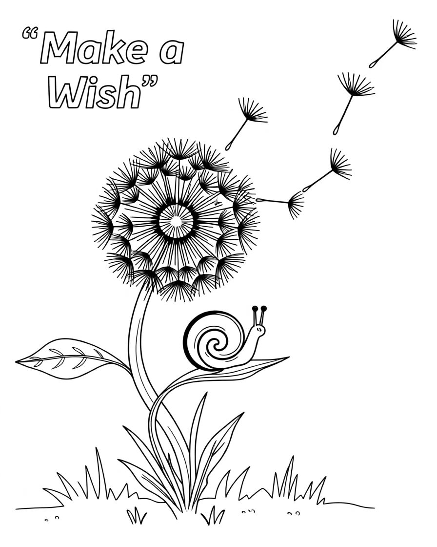 A single dandelion with seeds drifting in the breeze, with a small snail resting on a nearby stem.