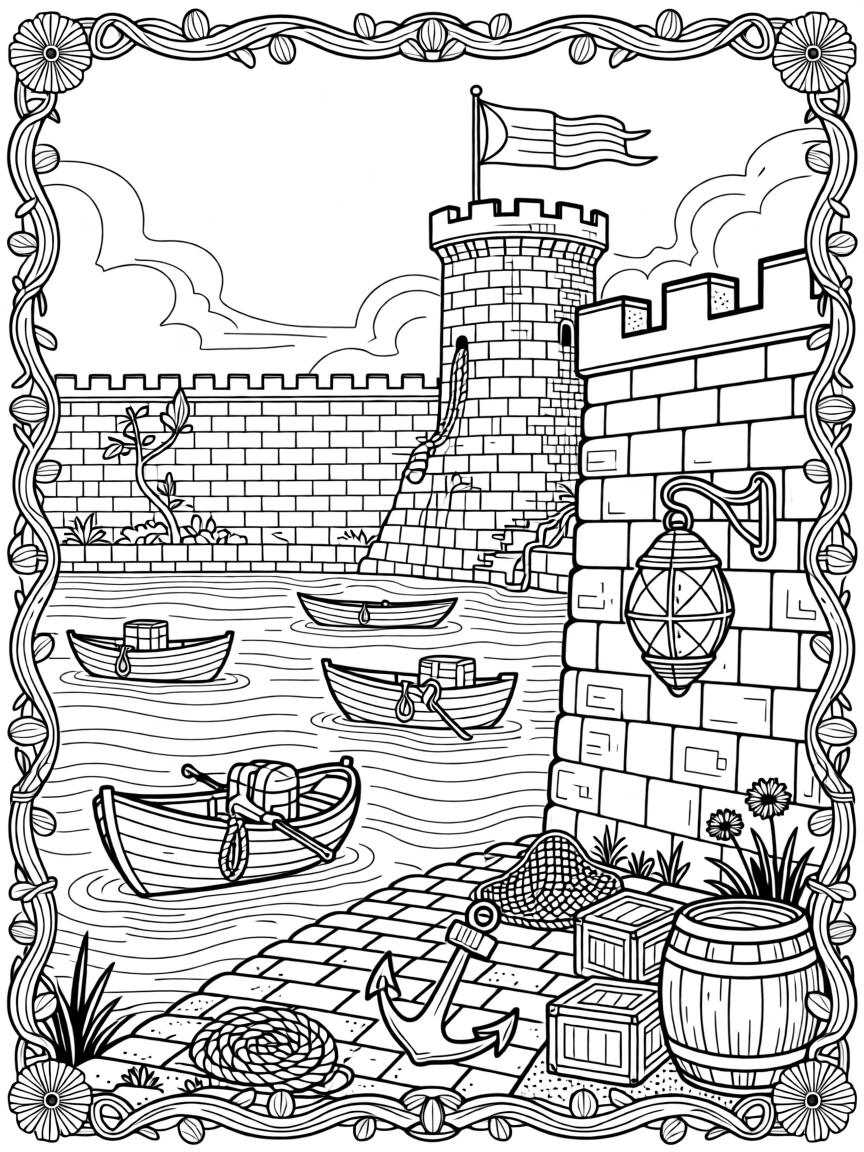 An old harbor ringed by medieval stone walls.
