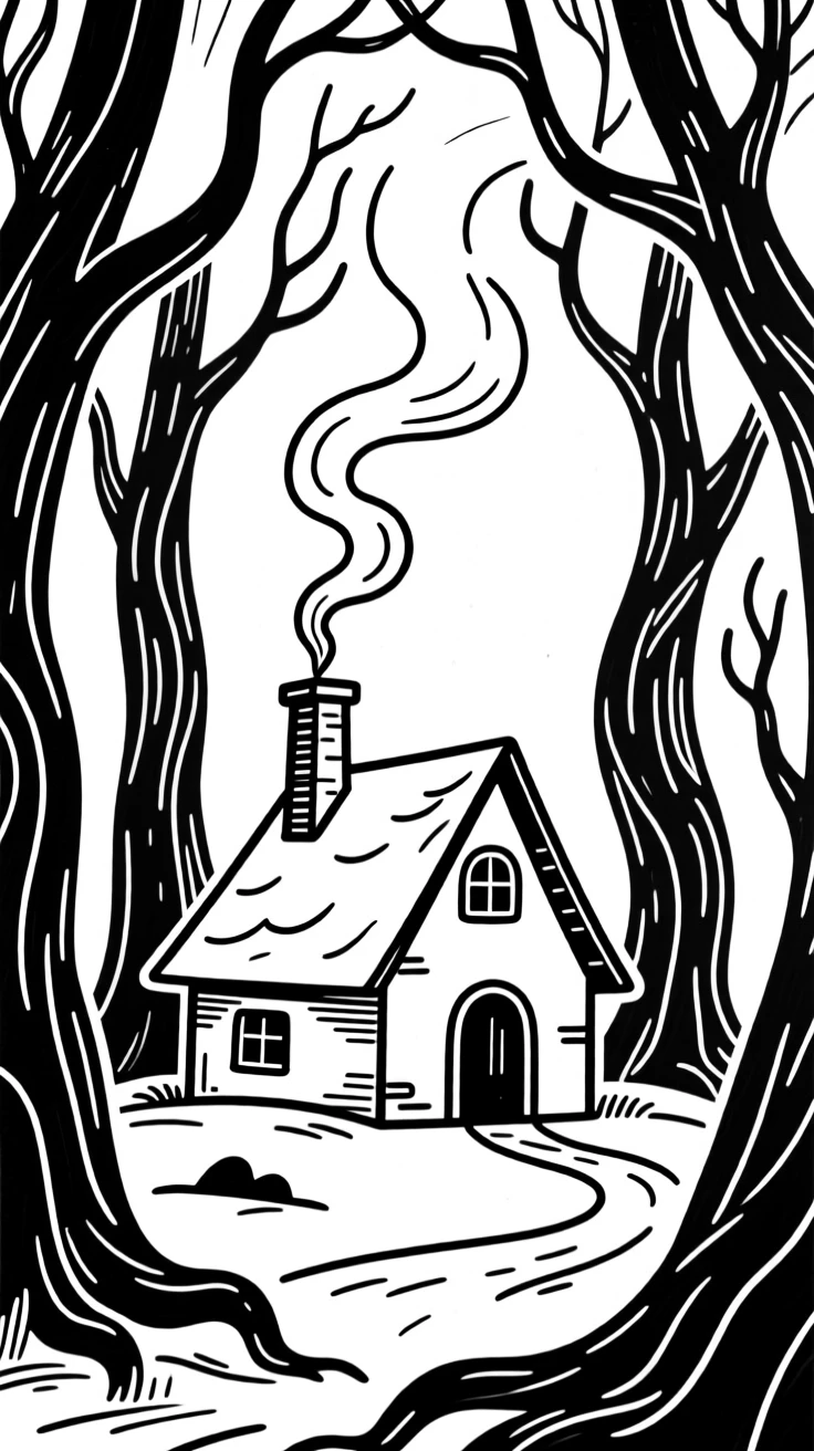 A witch's cottage nestled in a dark forest with smoke curling from its chimney.