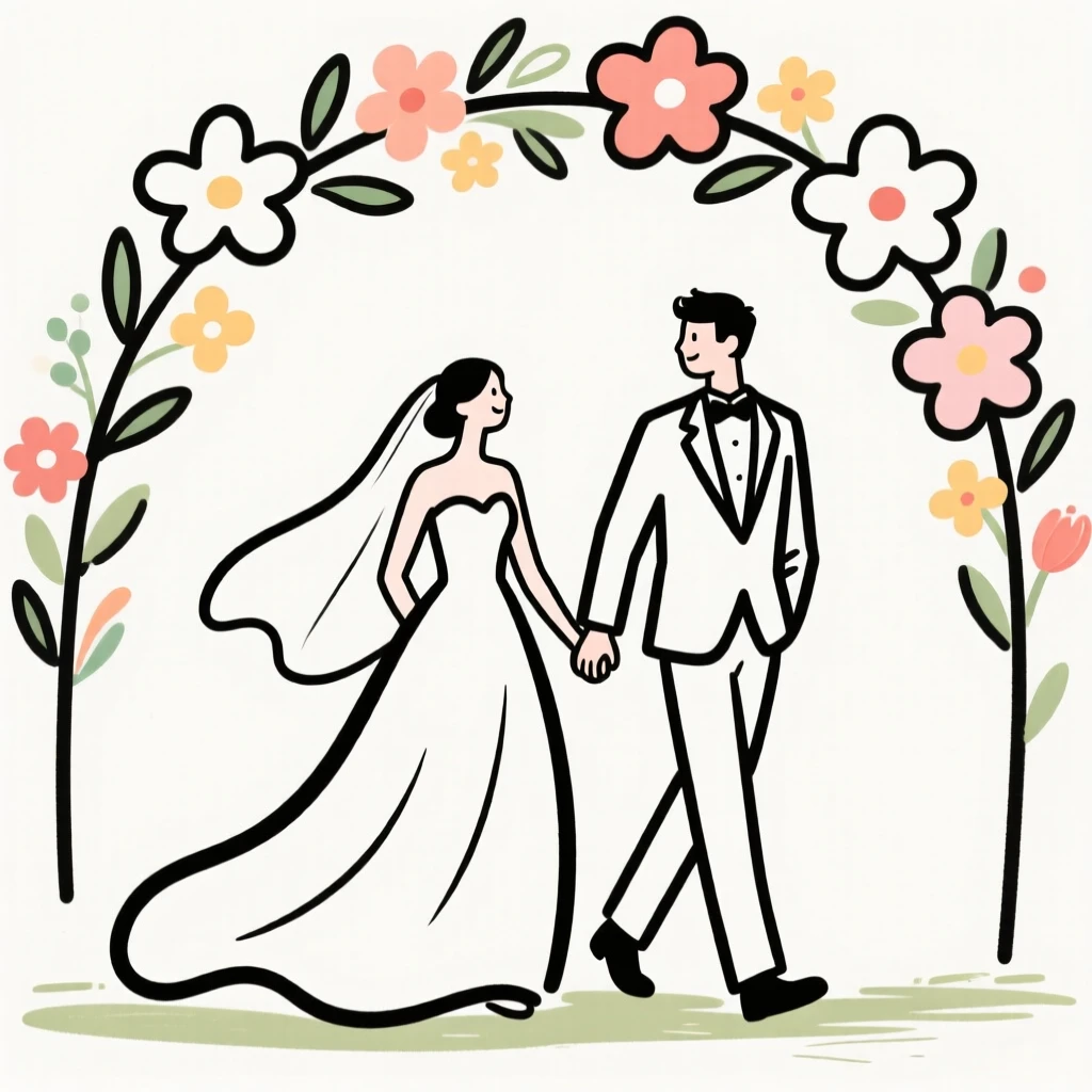 A bride and groom walking hand in hand beneath a canopy of flowers.