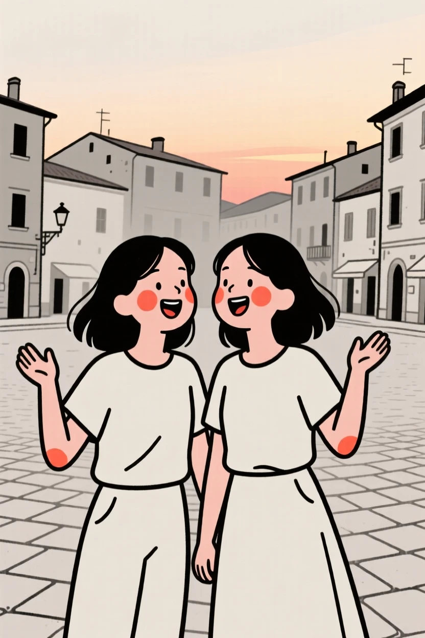 Twin sisters of Italian heritage, bursting with excitement, on a village square at dusk.
