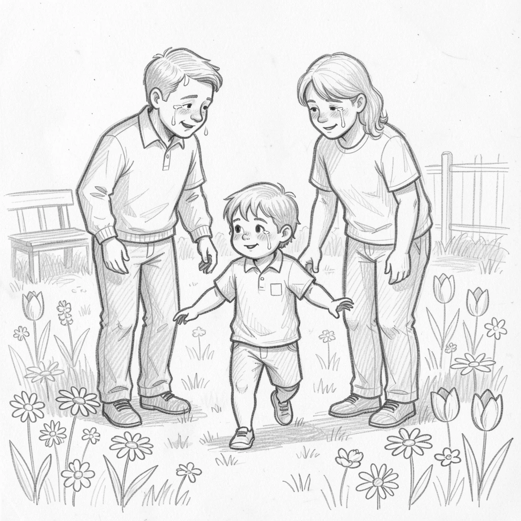 Parents watching their child take first steps, in a flower-filled garden, marked by tears of happiness.