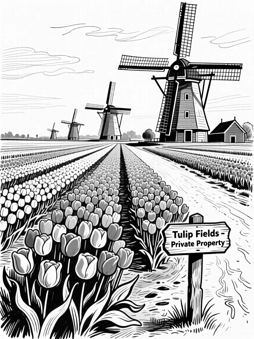 The vibrant tulip fields of the Netherlands stretching toward old windmills.