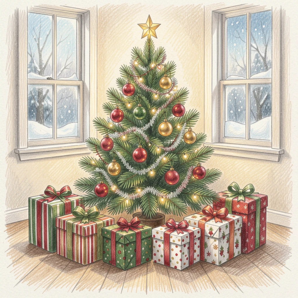 A snowy Christmas morning with a decorated tree and wrapped presents, set against a softly lit, atmospheric backdrop, celebrating a moment people would love to revisit.