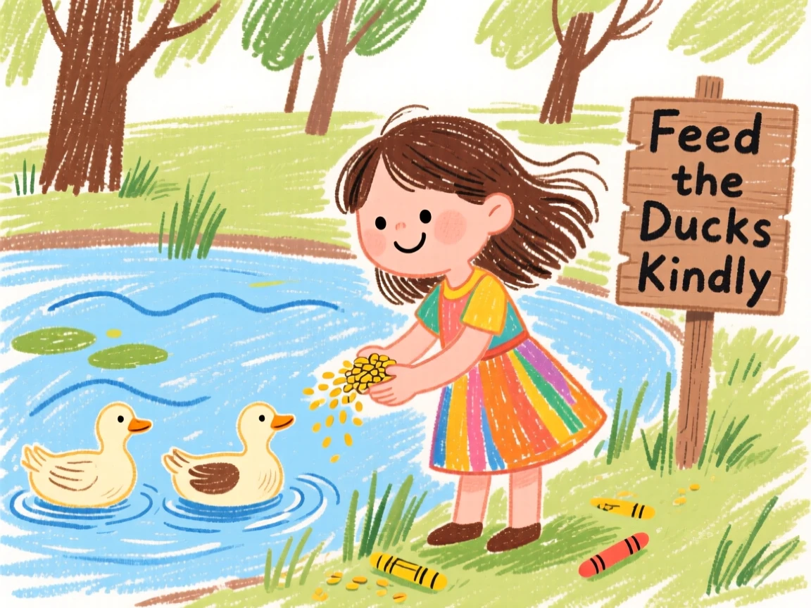 A young girl feeding ducks at the edge of a park pond.