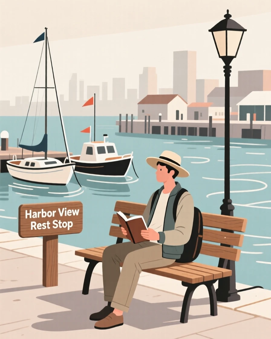 A traveler resting on a bench near a bustling harbor.