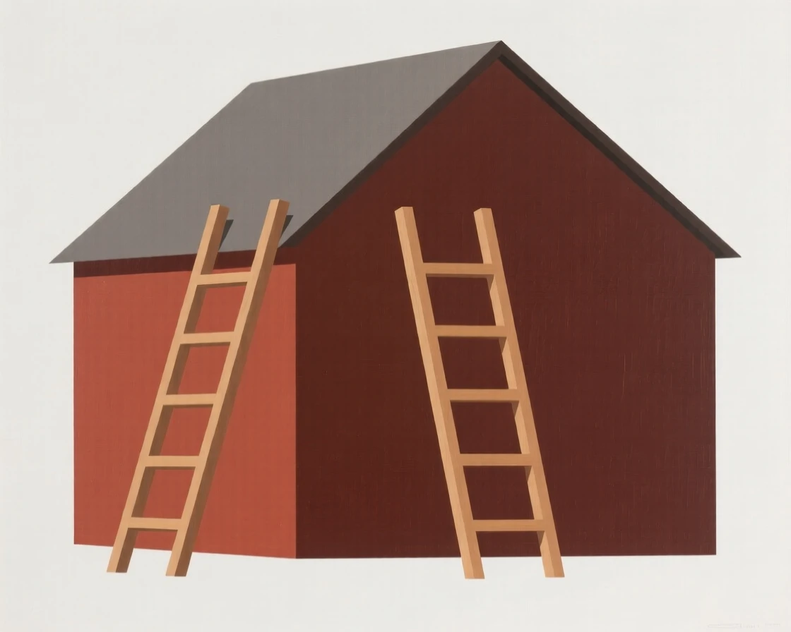 A wooden ladder leaning against a barn