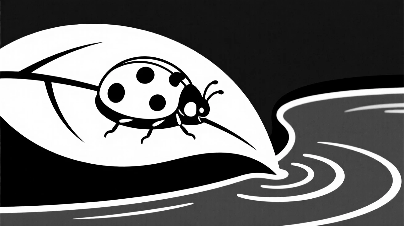 A ladybug crawling on a leaf near a pond's edge.