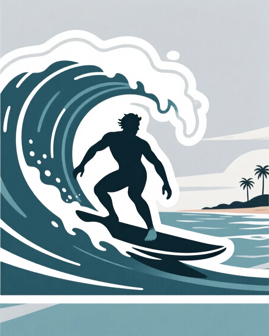 A determined and skilled surfer riding a big ocean wave, with a look of quiet satisfaction, at a scenic outdoor location.