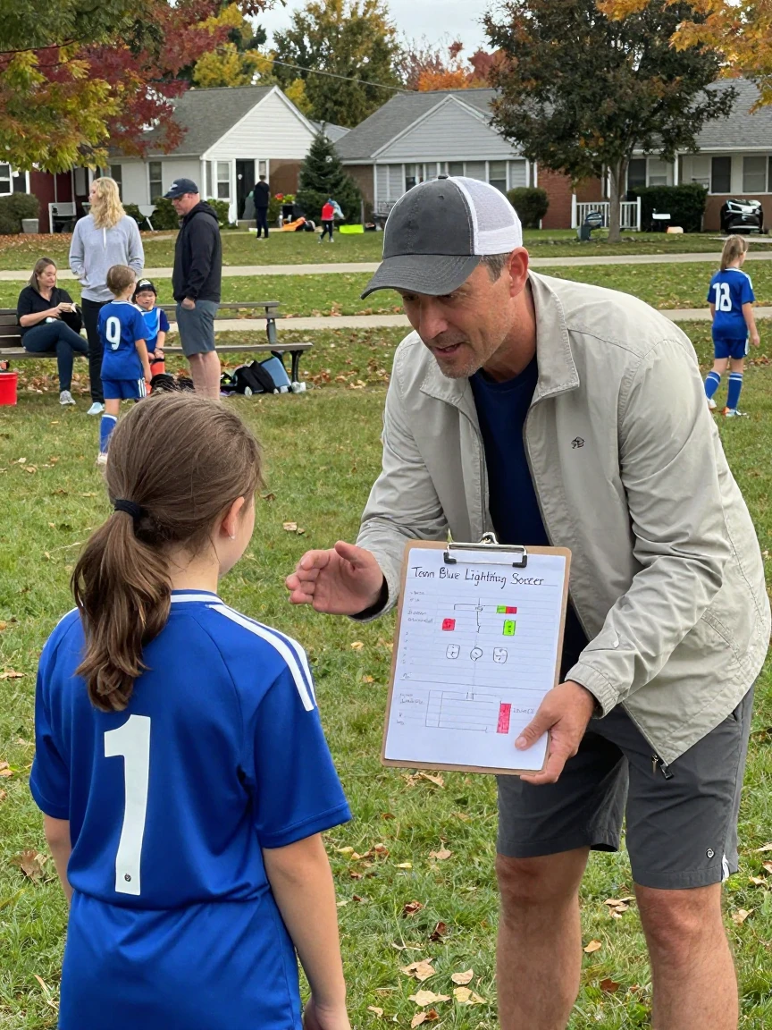 A father coaches his daughter's soccer team from the sideline, clipboard in hand.
