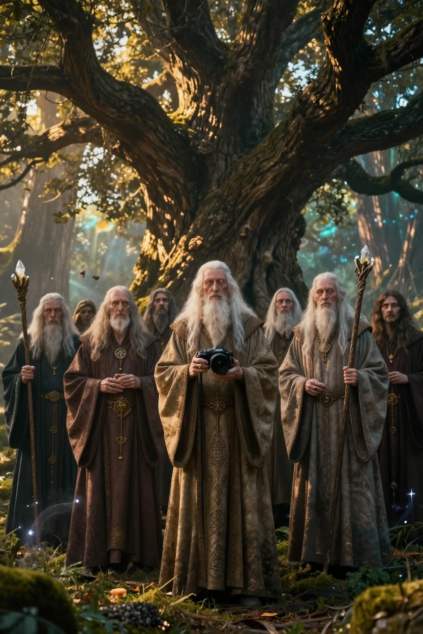 A council of ancient wizards standing beneath the branches of a world tree